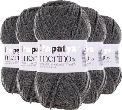 Papatya Merino50 Winterwolle 5 x 100g Strickgarn 50% Wolle Oeko-Tex Häkelgarn Farbwahl dunkelgrau