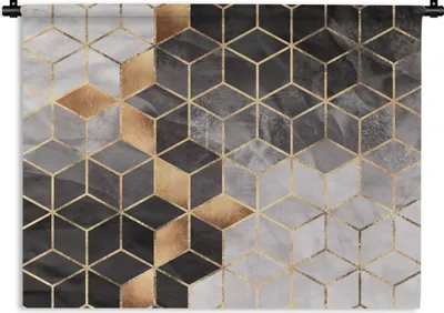 Produktbild von MuchoWow® Wandteppich Wandbehang Abstrakt - Würfel - Gold - Muster - Schwarz - Weiß 60x45 cm Tapisserie Dekoration Wandtuch - Das Schlafzimmer