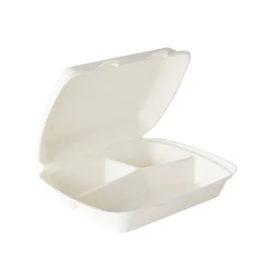 Produktbild von 200 Menüboxen / Lunchboxen HP4 Bagasse 245x210x72 mm weiß 3-geteilt