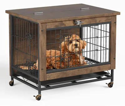 Immagine prodotto di Cuccia rustica in legno - Gabbia per cani - 66 cm - Doppia porta - Stile arredamento - Con rotelle - Vassoio estraibile - Per cani di taglia media - Marrone