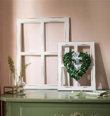 Produktbild von 2 Dekofenster aus Holz im Shabby Look, weiß, Deko Fensterrahmen, Holzfenster, Sprossenfenster