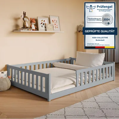 Obrázek produktu pro Dětská postel Podlahová postel 140x200 cm s ochranou proti vypadnutí a roštovým rámem Montessori postel Dětská postýlka Dětská postel pro mládež Jednolůžková postel | Ash grey
