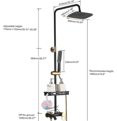 Produktbild von Badezimmer-Duschsystem - 3 Funktionen - Regendusche und Handbrause - Wandmontierte Mischbatterie - Seifenhalter - Polierter Edelstahl - Schwarz/Gold
