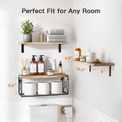 Produktbild von Unyqoos® Stilvolle Wandregal Set aus Holz mit Drahtkorb für Badezimmer, Küche, Wohnzimmer und Büro