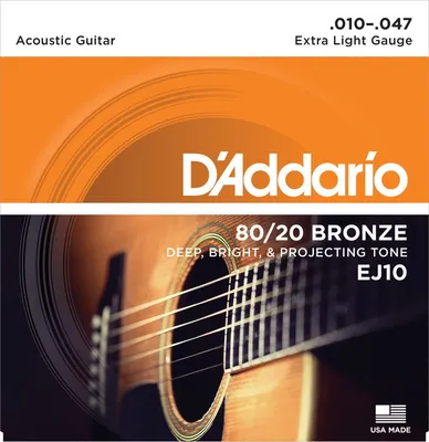 A close-up shot of acoustic guitar strings on a guitar, with branding and product information.