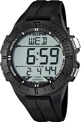 A close-up studio shot of a black digital watch.