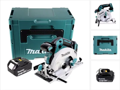 A collage of images showing a Makita circular saw, its case, and batteries.