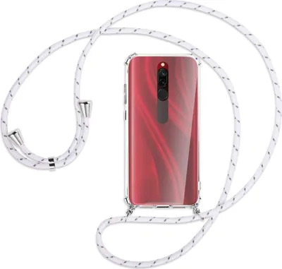 Produktbild von Handykette Backcover-Schutzhülle mit Band (Metall silberfarben) für Xiaomi Redmi 8 - weiß/grau