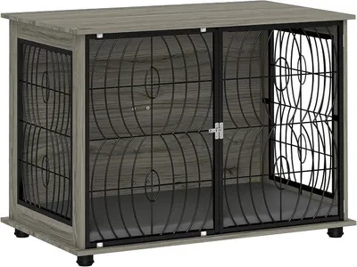 Produktbild von Hundebox für große Hunde, Indoor Haustierkäfig mit Metalltüren, Grau, 100 x 60 x 73,5 cm