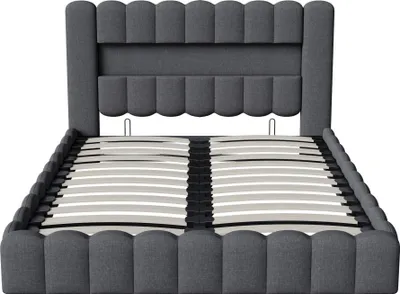 Produktbild von Polsterbett Doppelbett - Bettgestell mit hydraulischem Stauraum - LED-Beleuchtung & USB-Ladeanschluss - Leinenstoff - Belastbar bis 340 kg - 160×200 cm - Grau