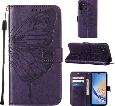 Produktbild von Lederhülle für Samsung Galaxy A34 Schmetterling Prägung Flip Ledertasche Kartenfächer Handyhülle mit Ständer Lila