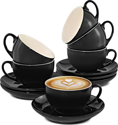 Produktbild von Niboline, 6er Cappuccino Tassen Set, 180 ml, Schwarz, Keramik, mit Untertassen, Spülmaschinenfest, Stapelbar, Geschenkbox