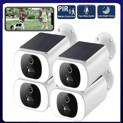 Image de caméra de surveillance extérieure 2K HD Batterie avec panneau solaire, Caméra de surveillance extérieure solaire, Caméra de surveillance avec spotlight, détection de mouvement PIR 4PCS