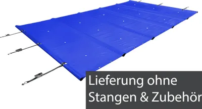 A blue pool cover is shown laid out on a white background.