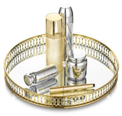Image de Omgoods - Plateau à parfum Goud - Plateau décoratif rond - Plateau miroir - Organisateur de maquillage - Présentoir à bijoux - Diamètre : 32 cm