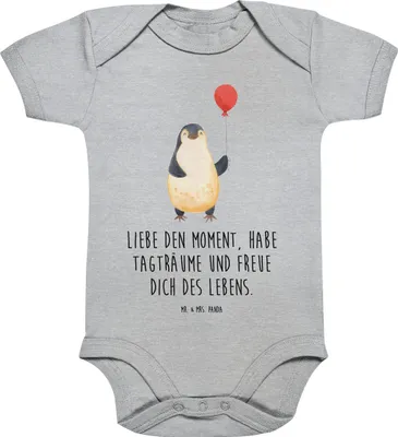 Produktbild von Mr. & Mrs. Panda babykleidung body Pinguin Luftballon 3. - 6. Monat - Heather Grey - Geschenk, Motivation, Geschenkidee, strampler, Baby, Pinguine, Babybody, Einteiler