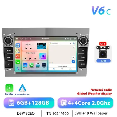 Obrázok produktu pre Autorádio s Androidom pre Opel – 2-DIN 17,8 cm – Android 13 – 6 GB RAM, 128 GB ROM – 2,0 GHz MTK – GPS navigácia – RDS – 1024×600 – šedá