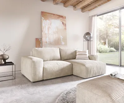 Produktbild von DELIFE Ecksofa Lanzo 230x155 cm Cord Beige Recamiere variabel mit Hocker