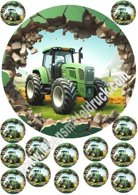 Produktbild von Traktor grün Tortenbild 20 cm rund mit Keksauflegern in 3,8 cm auf Premium Fondantpapier