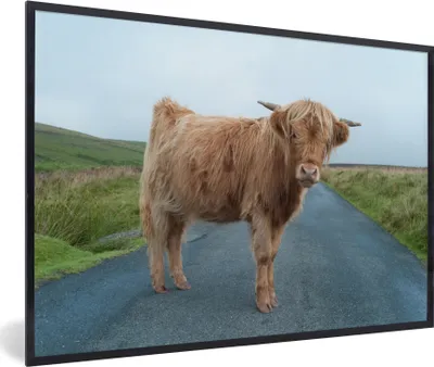 Produktbild von MuchoWow® Gerahmtes Poster Scottish Highlander - Straße - Gras 60x40 cm - Poster mit Schwarzem Bilderrahmen Wandposter Rahmen Foto Bilder - Printing - Wanddeko Schlafzimmer