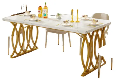Obrázok produktu pre Jedálenský stôl, doska z umelého mramoru, moderný minimalistický dizajn, biela a zlatá farba