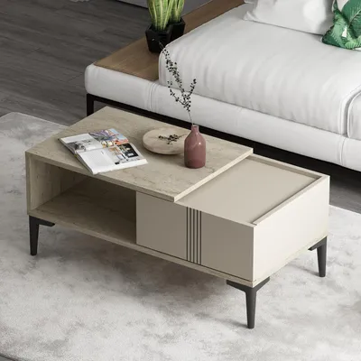Produktbild von HOMIDEA Modena Couchtisch 90 cm - Rechteckiger Wohnzimmertisch mit Stauraumfach - Modernes Skandinavisches Design - Travertin/Beige