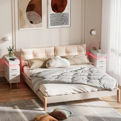 Immagine prodotto di Set di 2 comodini stretti con presa di corrente e striscia LED, dimensioni 25x50x67 cm, colore bianco