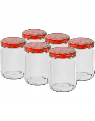 Six clear glass jars with red lids decorated with strawberries, arranged in two rows on a white background.