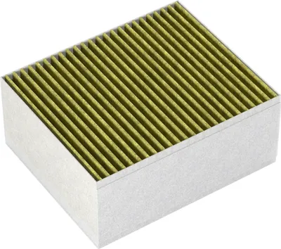 A close-up, isometric view of a rectangular air filter with multiple parallel pleats.