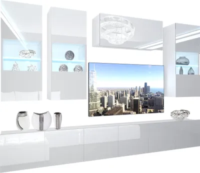 Immagine prodotto di BELINI Set di pareti attrezzate per il soggiorno Parete attrezzata moderna con illuminazione a LED Bianco lucido Parete attrezzata Mobile TV Bianco lucido