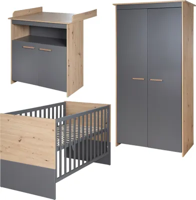 Image de Ensemble pour chambre de bébé roba Anna 3 pièces - Lit bébé et lit d'appoint 60 x 120 cm + table à langer + armoire pour enfants 2 portes - Anthracite /Reproduction chêne Kent