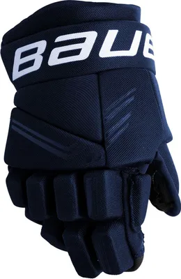 A close-up, studio shot of a navy blue hockey glove.