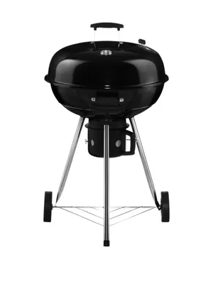 A black charcoal grill on a stand with wheels, presented against a white background.