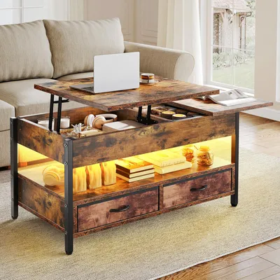 Produktbild von Balconera LED Couchtisch Höhenverstellbar mit 2 Schublade, Wohnzimmertisch mit Verstecktem Ablagefach, 106 x50x51,5cm