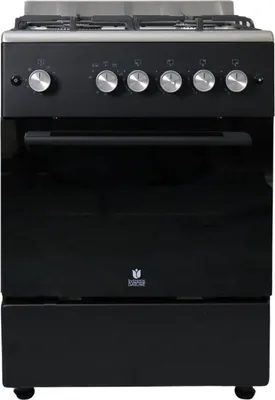 A front view of a black gas stove with silver knobs and a stainless steel top.