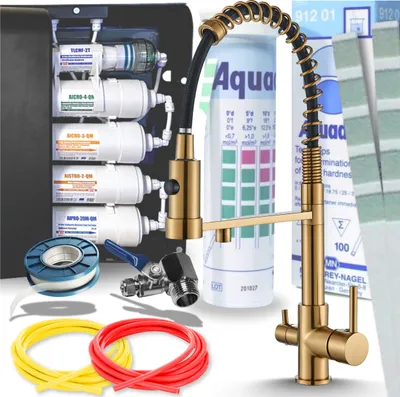 Obrázek produktu pro 3cestná kuchyňská baterie Ari Solid Spring s přípojkou pro filtr vody, dvěma výtoky, otočná o 360, kartáčované zlato