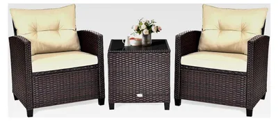 Produktbild von 3-teiliges Balkonmöbel Set aus Polyrattan mit 1 Tisch und 2 Stühlen, Lounge Set mit Kissen für Garten und Balkon (Beige)