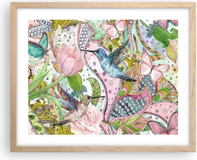 Produktbild von Gerahmtes Poster - Rahmen in heller Eiche - Vogel Schmetterling Blume - 50x40 cm - Wand Bild - Wanddeko - Wandbilder - Wandposter - Bilderrahmen - Bilder - Kunstdruck - Wandbild - P2NAA50x40-4065