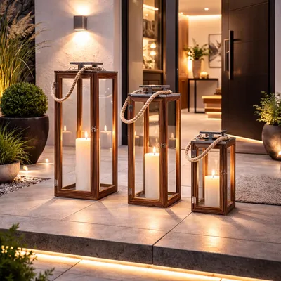 Produktbild von 3er XXL Holz-Laternen-Set Windlicht Gartenlaterne Edelstahldach