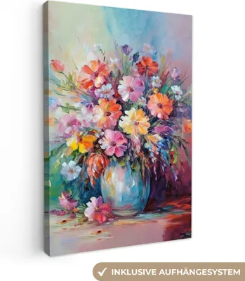 Produktbild von MuchoWow® - Leinwandbilder - Blumen - Kunst - Malerei - Frühling - Blumenstrauß, Wandbild, Wanddeko Bilder Wohnzimmer, 20x30cm
