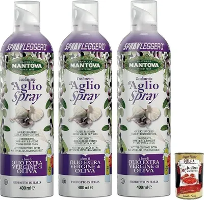 Produktbild von 3x Fratelli Mantova Condimento all'Aglio,Spray Nativem Olivenöl Extra Knoblauch aromatisiert,Italienisches Sprühöl 400ml + Italian Gourmet Polpa di Pomodoro 400g Dose