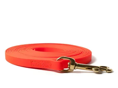 Produktbild von Mystique® Biothane Schleppleine 13mm vernäht mit HS Messing Standard Karabiner beta neon orange 6m