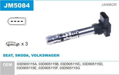 Produktbild von JANMOR JM5084 Zündspule für VW POLO (9N) Fox Schrägheck (5Z1, 5Z3, 5Z4) für SKODA Fabia II Schrägheck (542) Fabia II Combi (545) für SEAT
