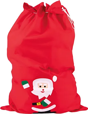 A red Santa sack with a felt Santa Claus applique on the front.