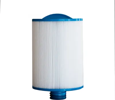 A white pool filter cartridge with blue caps on a white background.