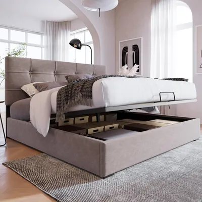 Produktbild von Zubaliya Polsterbett Doppelbett - 140x200 cm Hellgrau - Hydraulik & Stauraum - Samt