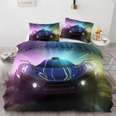 Produktbild von Bettwäsche-Set Rennwagen 220x240 cm 3-teilig Mikrofaser Wendebettwäsche mit Reißverschluss 3D Motiv