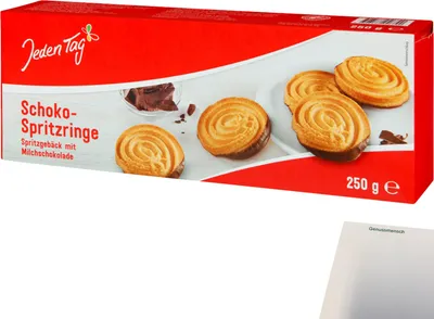 Produktbild von Jeden Tag Schoko-Spritzringe (250g Packung) + usy Block