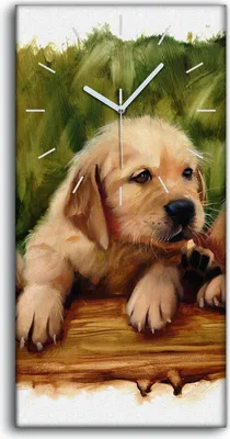 A painting of a golden retriever puppy on a wooden surface with a green background.