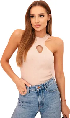 Produktbild von Ärmellose Damenbluse mit Cut-Out und dekorativer Schnalle, Beige